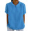 Women's cotton and linen top solid color collared-Blue L 1