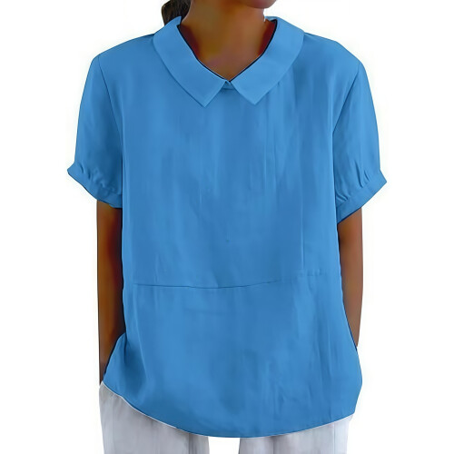 Women's cotton and linen top solid color collared-Blue L