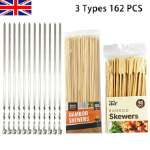 3 Types BBQ Skewers Set Biodegradable 100pcs Long 50pcs Large Bamboo Skewers 12pcs Stainless Steel Skewers BBQ Sticks Set for Family Cocktail Party Ta