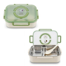 Insulation Lunch Box with Spoon 2 Compartments Plastic Stainless Steel Lunch Container Food Box 381g 24 x 15 x 7cm