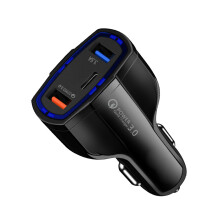 Black QC3.0 Dual USB + PD Car Charger Type-C 48W Car Charger Cigarette Lighter Charger Adapter Compatible with iPhone Galaxy iPad Tablets