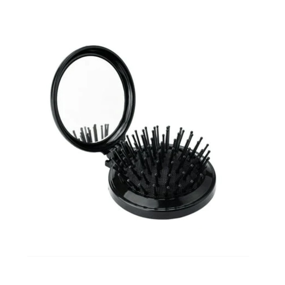 Round Folding Pocket Hair Brush with Mirror for Travel - Random Colour