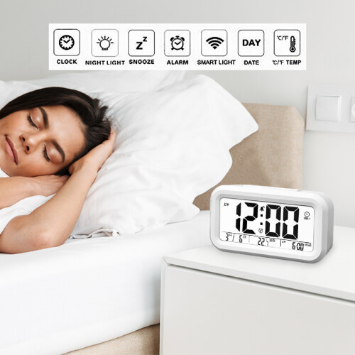 5.3 Inch Smart Simple Silent LED Digital Alarm Clock w/ Date Temp Display -White 1