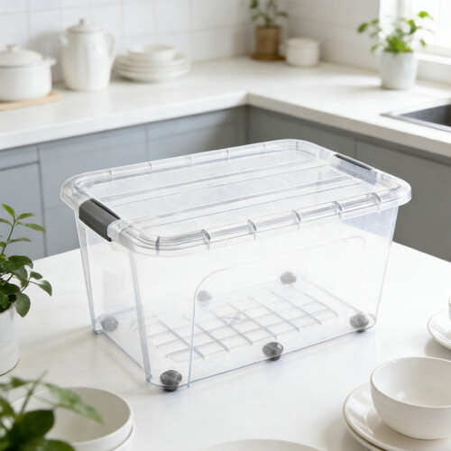 75L Plastic Storage Box with 6 Wheels Click Lid Stackable Clear Storage Box for Home Office 2