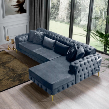 (Steel Velvet, Right Hand Chaise) Luxury Chesterfield Chaise Sofa Longue Plush Velvet L Shape Corner Settee Couch
