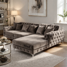 (Grey Velvet, Right Hand Chaise) Luxury Chesterfield Chaise Sofa Longue Plush Velvet L Shape Corner Settee Couch