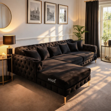 (Black Velvet, Left Hand Chaise) Luxury Chesterfield Chaise Sofa Longue Plush Velvet L Shape Corner Settee Couch