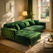 (Green Velvet, Left Hand Chaise) Luxury Chesterfield Chaise Sofa Longue Plush Velvet L Shape Corner Settee Couch