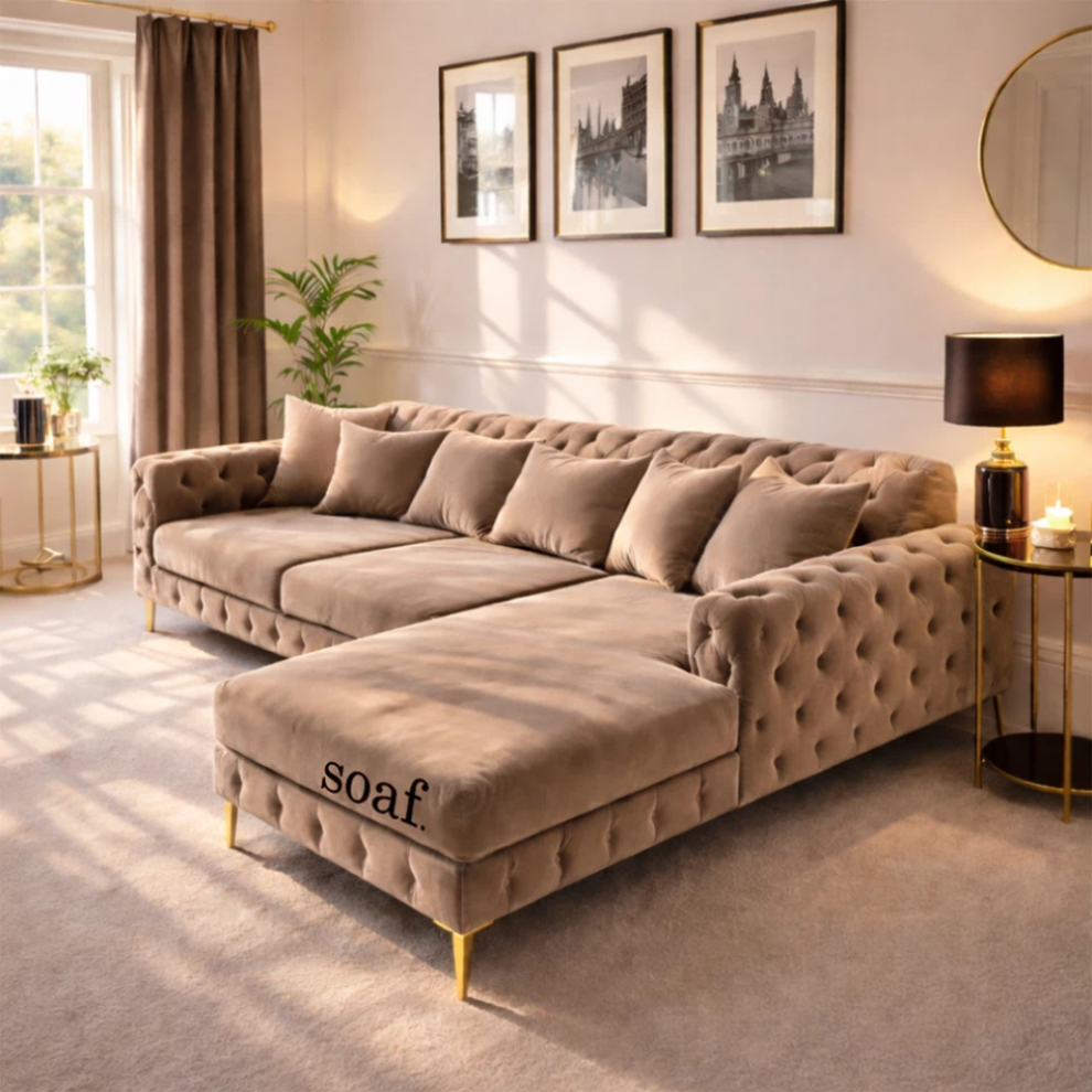 Mn Sofa (Mink Velvet, Right Hand Chaise) Luxury Chesterfield Chaise Sofa Longue Plush Velvet L Shape Corner Settee Couch