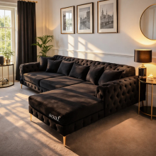 (Black Velvet, Right Hand Chaise) Luxury Chesterfield Chaise Sofa Longue Plush Velvet L Shape Corner Settee Couch