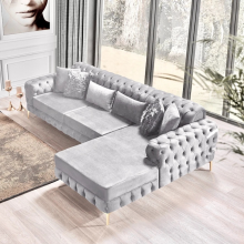 (Silver Velvet, Right Hand Chaise) Luxury Chesterfield Chaise Sofa Longue Plush Velvet L Shape Corner Settee Couch