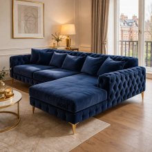 (Blue Velvet, Right Hand Chaise) Luxury Chesterfield Chaise Sofa Longue Plush Velvet L Shape Corner Settee Couch