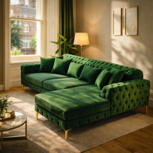 (Green Velvet, Right Hand Chaise) Luxury Chesterfield Chaise Sofa Longue Plush Velvet L Shape Corner Settee Couch