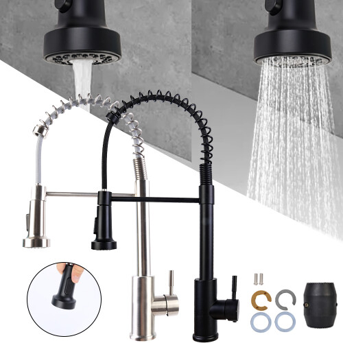Monobloc Kitchen Sink Mixer Tap with Pull Out Hose Sprayer Single Lever - Silver 1