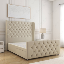 (Cream, 6ft Super King (No Mattress))) Anna Divan Bed Base Plush Velvet 54” Curved Wing Headboard 2 Drawers Storage Double Bed