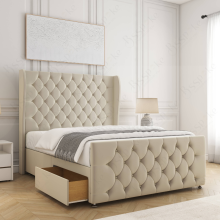 (Cream, 5ft King (with Mattress)) Upholstered Velvet Divan Double Bed 54” Headboard with 2 Drawers Storage Bed Mattress