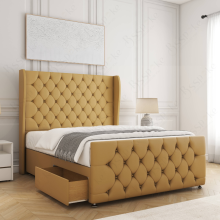 (Mustard, 3ft Single (with Mattress)) Upholstered Velvet Divan Double Bed 54” Headboard with 2 Drawers Storage Bed Mattress