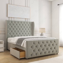 (Silver, 5ft King (with Mattress))) Anna Divan Bed Base Plush Velvet 54” Curved Wing Headboard 2 Drawers Storage Double Bed