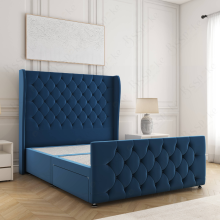 (Blue, 4ft Small Double (No Mattress))) Anna Divan Bed Base Plush Velvet 54” Curved Wing Headboard 2 Drawers Storage Double Bed