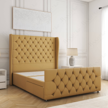 (Mustard, 3ft Single (No Mattress))) Anna Divan Bed Base Plush Velvet 54” Curved Wing Headboard 2 Drawers Storage Double Bed