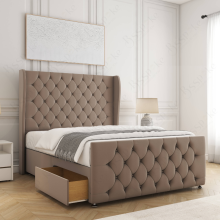 (Mink, 6ft Super King (with Mattress))) Anna Divan Bed Base Plush Velvet 54” Curved Wing Headboard 2 Drawers Storage Double Bed