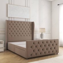 (Mink, 4ft6" Double (No Mattress))) Anna Divan Bed Base Plush Velvet 54” Curved Wing Headboard 2 Drawers Storage Double Bed
