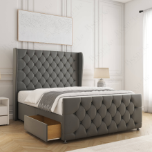 (Grey, 4ft6" Double (with Mattress))) Anna Divan Bed Base Plush Velvet 54” Curved Wing Headboard 2 Drawers Storage Double Bed