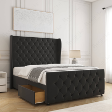(Black, 4ft6" Double (with Mattress))) Anna Divan Bed Base Plush Velvet 54” Curved Wing Headboard 2 Drawers Storage Double Bed