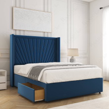 (Blue, 3ft Single (with Mattress))) Alina Divan Double Bed Plush Velvet 54” Winged Headboard Built-in 2 Drawers Storage Bed