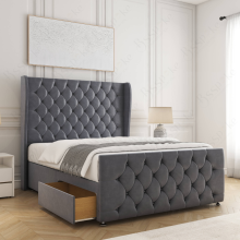 (Steel, 4ft6" Double (with Mattress))) Anna Divan Bed Base Plush Velvet 54” Curved Wing Headboard 2 Drawers Storage Double Bed