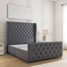(Steel, 4ft6" Double (No Mattress))) Anna Divan Bed Base Plush Velvet 54” Curved Wing Headboard 2 Drawers Storage Double Bed