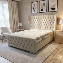 (4ft Small Double(with Gaslift), Silver(No Mattress)) Luxury Wingback Chesterfield Plush Velvet Double Bed Frame Mattress Gas Lift Storage