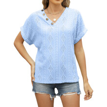 Women's Tops, Tops with V-Neck, Short Sleeve,-light blue S