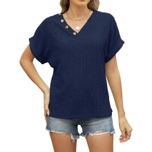 Women's Tops, Tops with V-Neck, Short Sleeve,-Navy Blue XXL