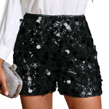 Comfortable Polyester Sequined Shorts with Elastic-Black M