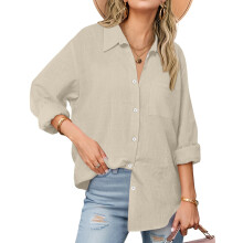 Women's casual trendy loose long-sleeved shirt-Khaki XXXL