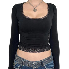 Women's Long Sleeve Crop Top Blouse Square Neck Going-Black L