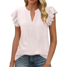 Womens Business Summer Tops Casual V Neck Ruffle Cap-Beige M