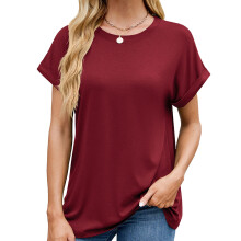 Women's Oversized Crew Neck Rolled Hem Short Sleeve-Burgundy L