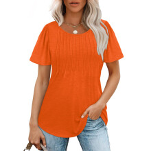 Womens T Shirts Short Sleeve Pleated Dressy Casual-orangered XL