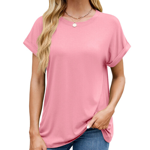Women's Oversized Crew Neck Rolled Hem Short Sleeve-Pink S
