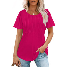 Womens T Shirts Short Sleeve Pleated Dressy Casual-rose red XXL