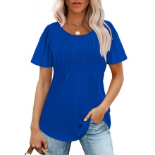 Womens T Shirts Short Sleeve Pleated Dressy-royal blue XL
