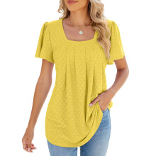 Women's Summer Square Neck Short Sleeve Long T-Shirt-Yellow L