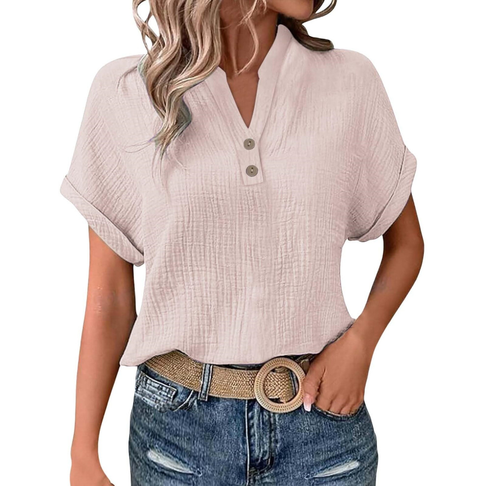 Women's Short Sleeve Cotton Linen-Pale Pinkish Grey XXXXL