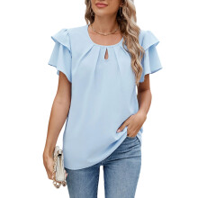 Womens Casual Business Work Blouses Short Ruffle-Light Blue L