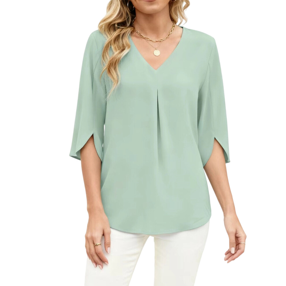Light/Green Summer Women's Chiffon Blouse With V-Neck,- Xxl