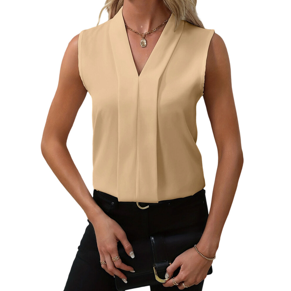 Women's Elegant V Neck Pleated Sleeveless Blouse Work-Khaki M
