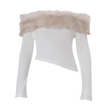 Faux Furs Spliced Women's Off The Shoulder T-Shirt Long-White L