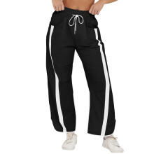 Womens Wide Leg Pants Stripe Collision Color Elastic-Black M